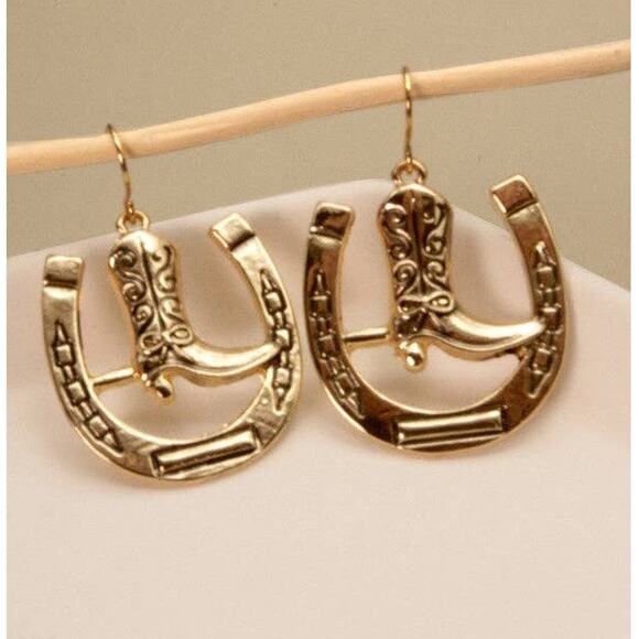 Western Cowgirl Boot Horseshoe Dangle Earrings - Picture 2 of 2